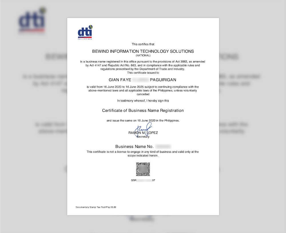 Certificate of Business Registration from DTI