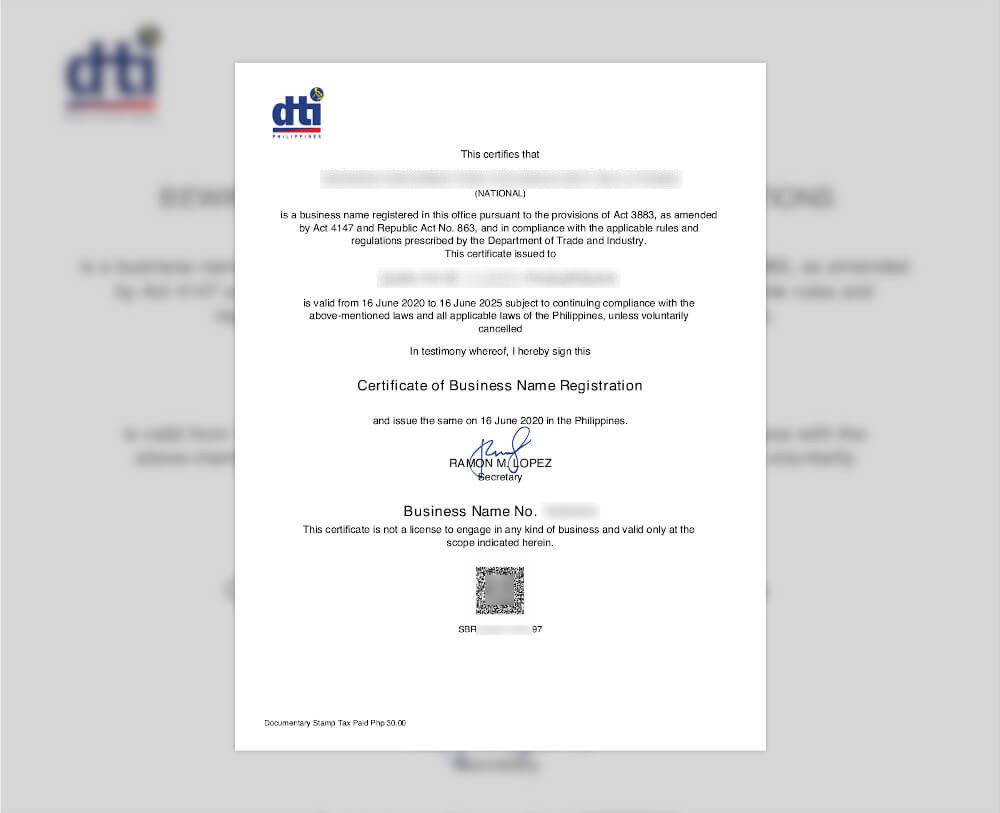 Certificate of Business Name Registration from DTI