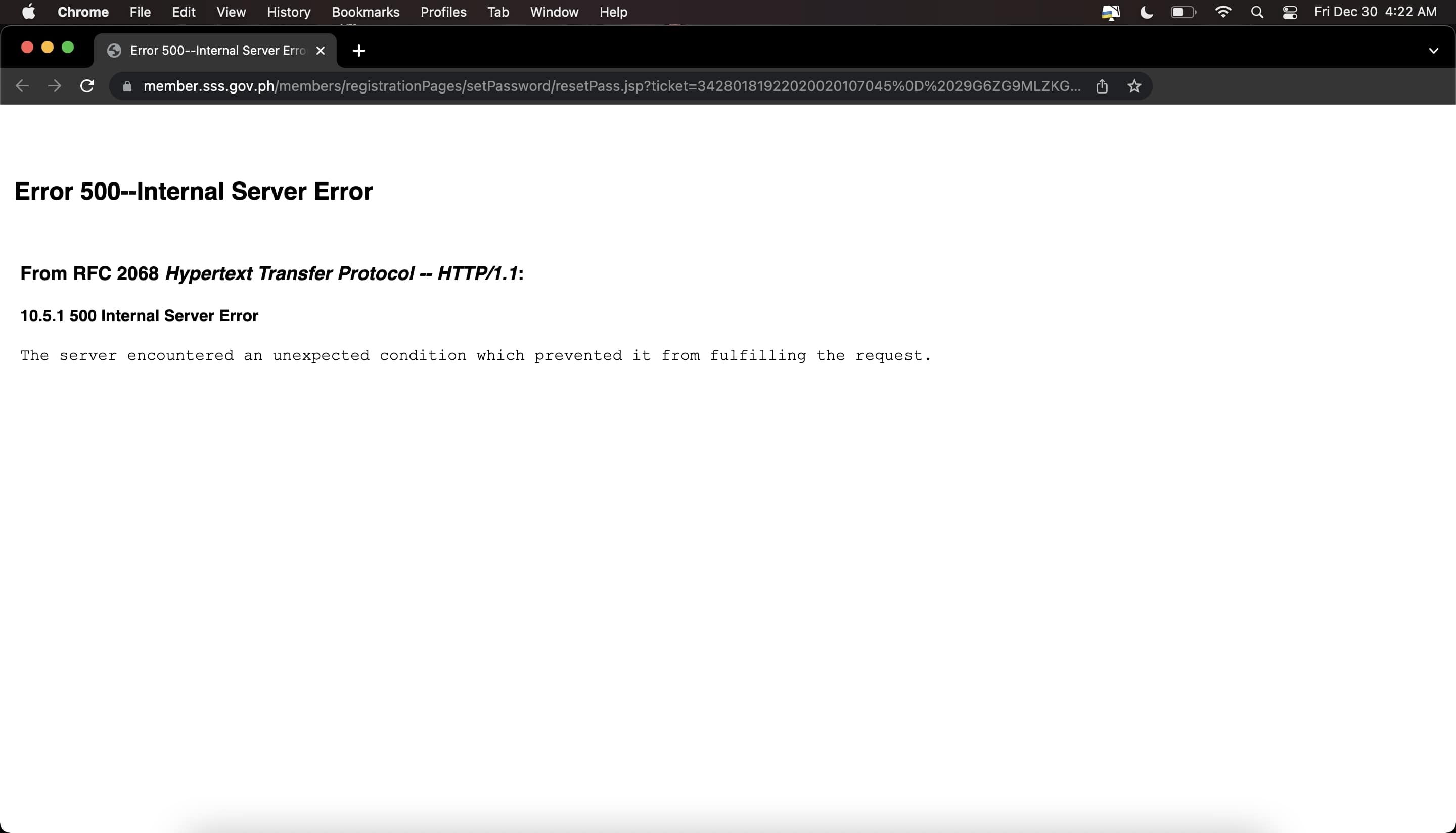 SSS Internal Server Error as of December 2022