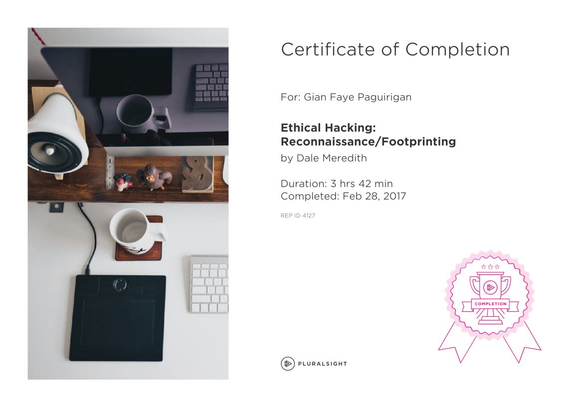 Pluralsight Ethical Hacking: Reconnaissance/Footprinting Certificate